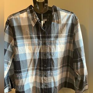 CJ Banks Women’s 1X Blue Gray Plaid Button Front Shirt Long Sleeve Pocket